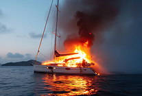 A boat on fire, representing comprehensive coverage.