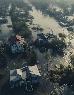 A flooded house, representing flooding insurance.