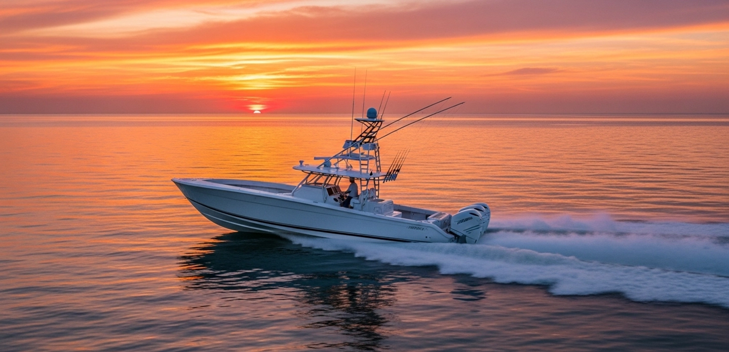 Hero image of a boat cruising on the water, symbolizing personalized boat insurance.